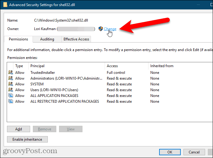 „Windows“ registro rengyklės dialogo lange „Papildomi saugos parametrai“ spustelėkite Keisti savininką
