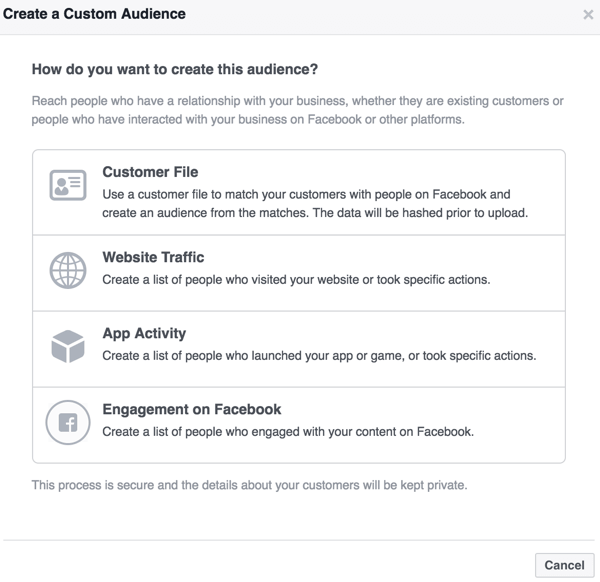 Naudodamiesi „Facebook Ads Manager“ galite sukurti pasirinktinę auditoriją, remdamiesi kliento byla ar įtraukimu į savo svetainę, programą ar „Facebook“ turinį.
