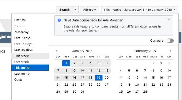 „Facebook“ išleido dvi naujas „Ads Manager“ ataskaitų teikimo funkcijas - datų palyginimą ir kūrybinių ataskaitų teikimą.
