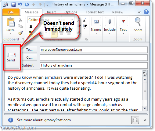 el. laiško siuntimas „Outlook“ 2010 nereiškia, kad jis bus pristatytas nedelsiant