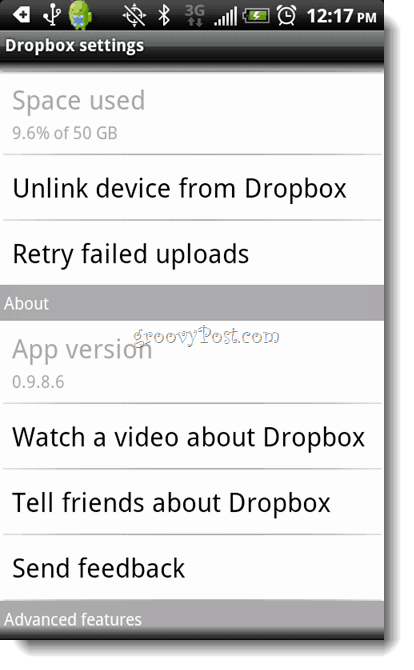 „Android Dropbox“ pašalinimas