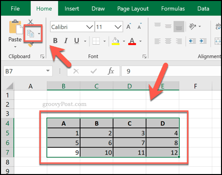 Ląstelių kopijavimas iš „Excel“ kaip lentelės