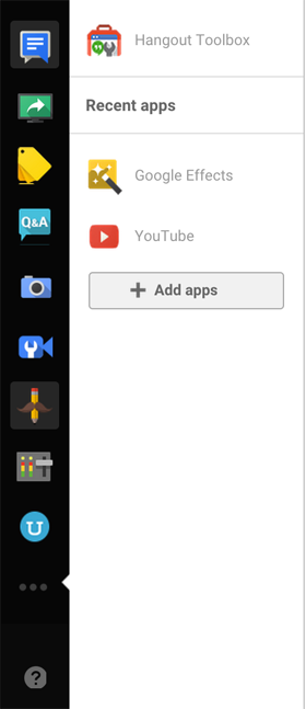 „Google + Hangout“ kairiojo valdymo skydelio vaizdas