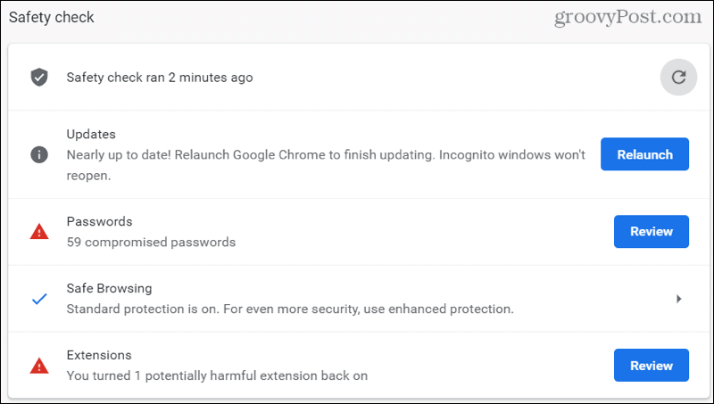 „Chrome“ saugos patikrinimo rezultatai