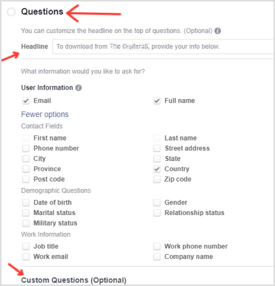 „Facebook“ vadovo skelbimo pasirinkimo klausimai