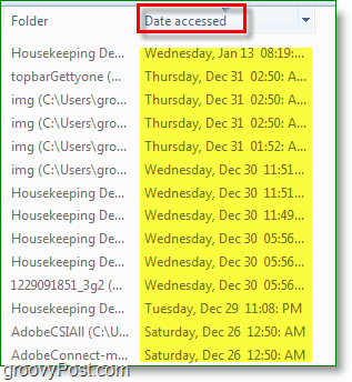 „Windows 7“ ekrano kopija - naudojimo data, kai pasiekta paieškoje.