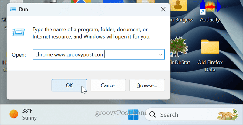 paleisti dialogą atidaryti konkretų „Chrome“ puslapį