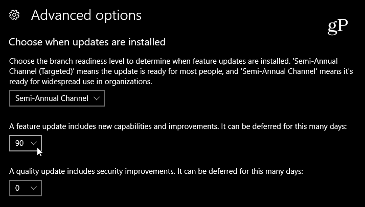Pasirinkite „Windows 10“ funkcijų atnaujinimo atidėjimą