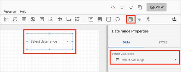 Įrankių juostoje spustelėkite „Data Range“ įrankį ir diagramos srityje, kur norite pridėti valdiklį, pažymėkite langelį.