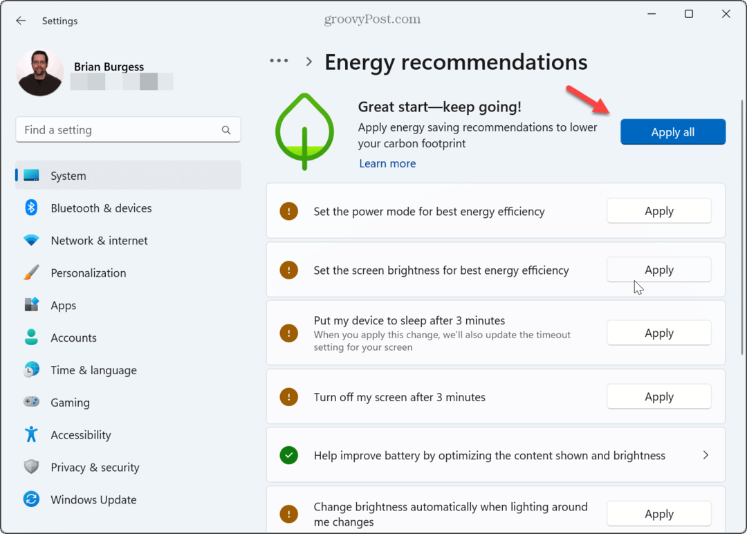 Kaip taikyti energijos vartojimo rekomendacijas „Windows 11“.