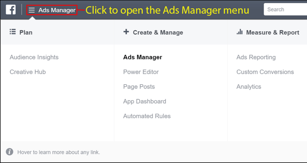 Sukūrę paskyrą atidarykite „Facebook Ads Manager“ meniu.