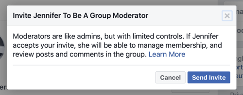 Kaip patobulinti „Facebook“ grupės bendruomenę, „Facebook“ pranešimo pavyzdys, kai narys pasirenkamas būti grupės moderatoriumi