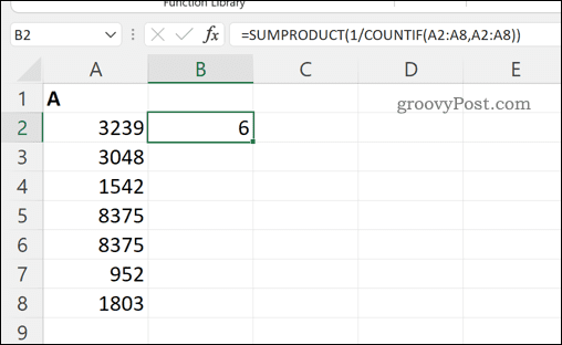Apskaičiuojamas bendras unikalių verčių skaičius langelių diapazone programoje „Excel“.