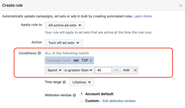 Naudokitės „Facebook“ automatinėmis taisyklėmis, sustabdykite skelbimų nustatymą, kai išlaidos yra du kartus didesnės už kainą ir yra mažesnės nei 1 pirkimas, 2 veiksmas, sąlygų nustatymai