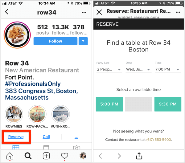 Norėdami rezervuoti, spustelėkite šio restorano „Instagram“ verslo profilio mygtuką Rezervuoti. 