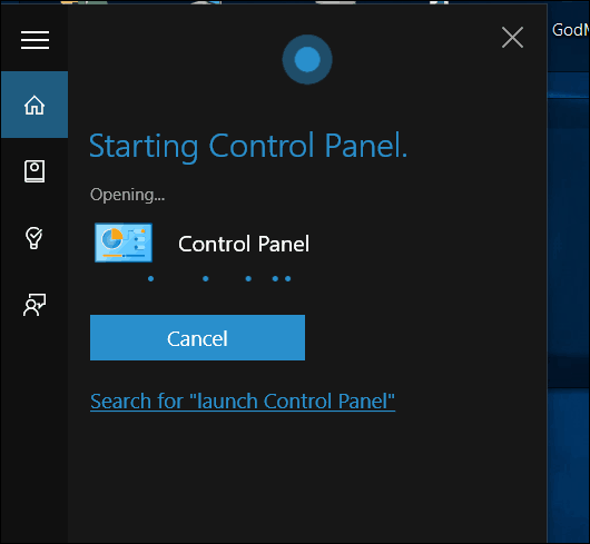„Windows 10 Cortana“ atidarykite valdymo skydą