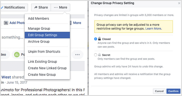 „Facebook“ grupės pakeisti privatumo nustatymą