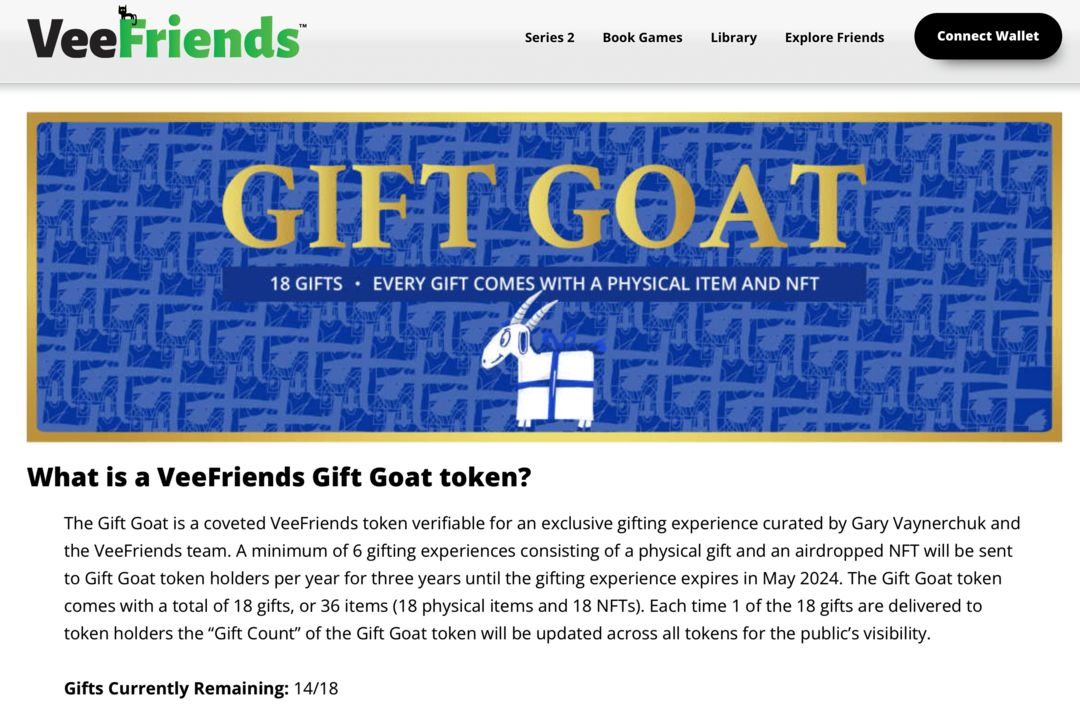 VeeFriends Gift Goat žetonų pranašumų vaizdas VeeFriends svetainėje