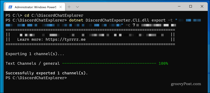 „Windows 11“ sistemoje „DiscordChatExplorer“ naudojama serverio pokalbių žurnalui atsisiųsti