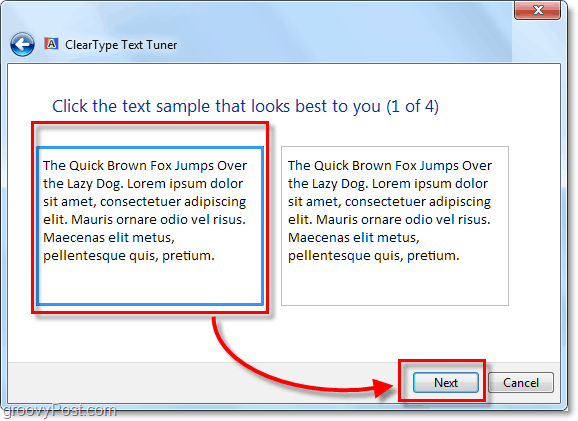 1 „ClearType“ kalibravimo veiksmas „Windows 7“