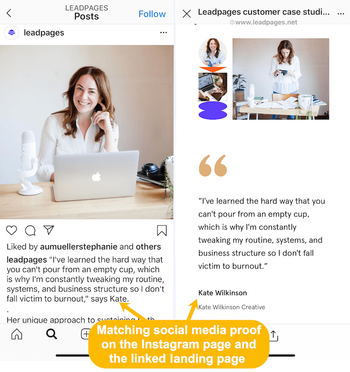 atitinkančios klientų istorijas „Instagram“ sklaidos kanale ir susietame nukreipimo puslapyje