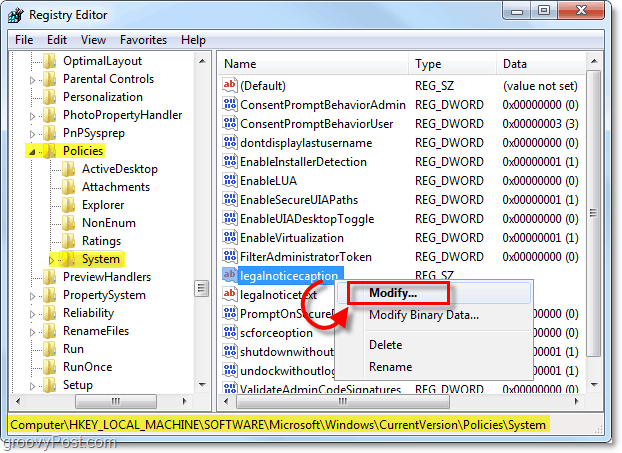 modifikuokite legal noticecaption, kad sukurtumėte „Windows 7“ paleidimo pranešimą