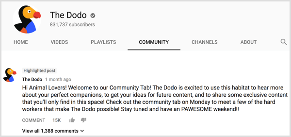 „YouTube“ kanalo skirtuko „Bendruomenė“ įvadinis pranešimas