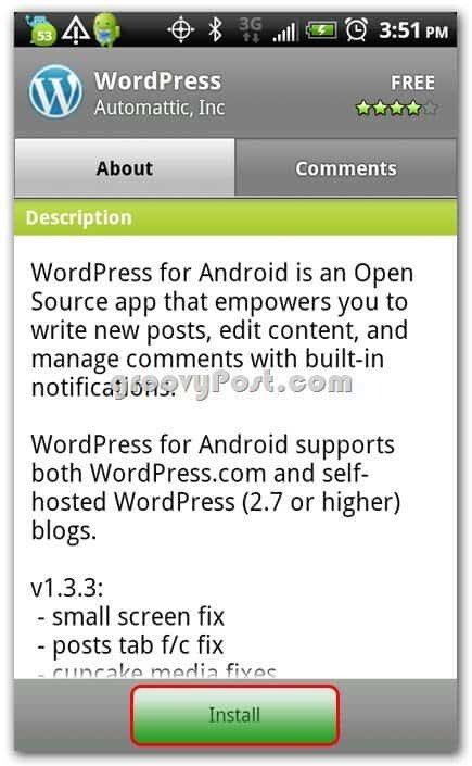 „Wordpress“ „Android“ diegimo ekrane