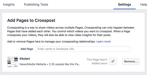 Užmegzkite kryžminį skelbimą tarp dviejų „Facebook“ puslapių.