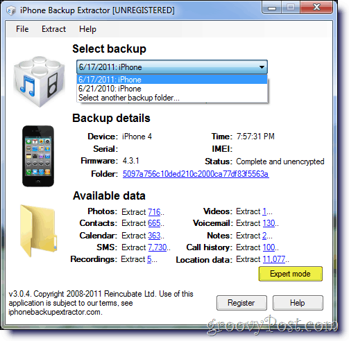 „iPhone Backup Extractor“ pasirinkite atsarginę kopiją
