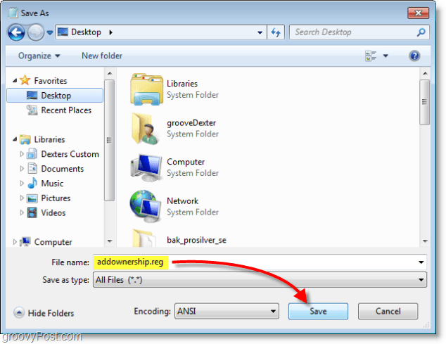 „Windows 7“ ekrano kopija - išsaugokite kaip addownership.reg