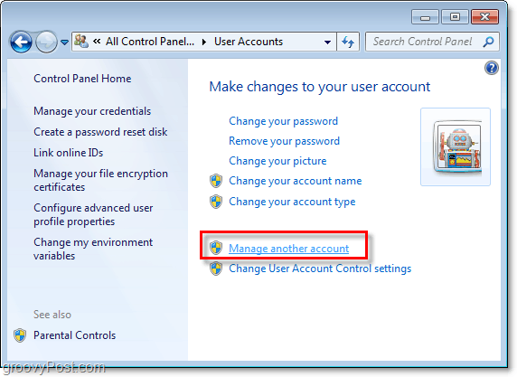 „Windows 7“ vartotojo abonemento puslapyje spustelėkite Tvarkyti kitą sąskaitą