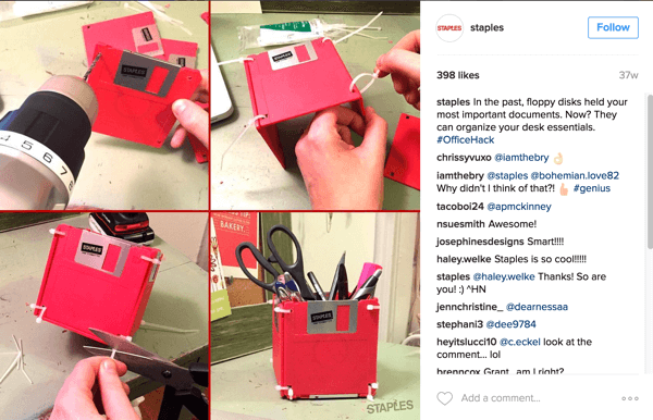 Šiame „Staples“ „Instagram“ nuotraukų koliaže parodytas sumanus būdas pritaikyti diskelius į stalo priedą.