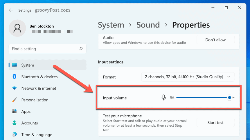 Mikrofono garsumo nustatymų konfigūravimas sistemoje „Windows 11“.