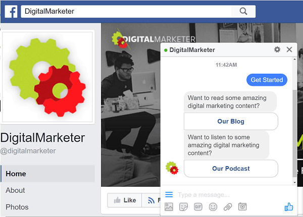 „DigitalMarketer“ naudoja „ManyChat“ robotus, kad galėtų bendrauti per „Facebook Messenger“.