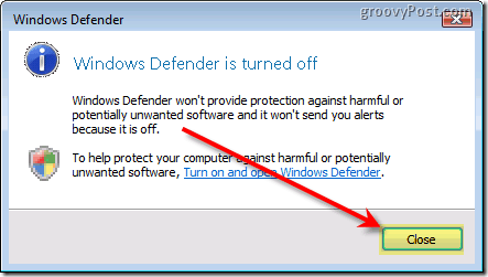 Išjungti „Windows Defender Vista“