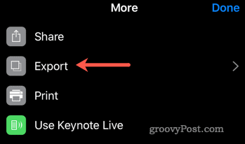 Pradėkite eksporto procesą iš „Keynote“ į „PowerPoint“ „iOS“