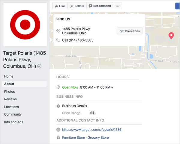 „Facebook“ vietos puslapio skiltyje „Apie“ pridėkite išsamią informaciją apie savo parduotuvę.