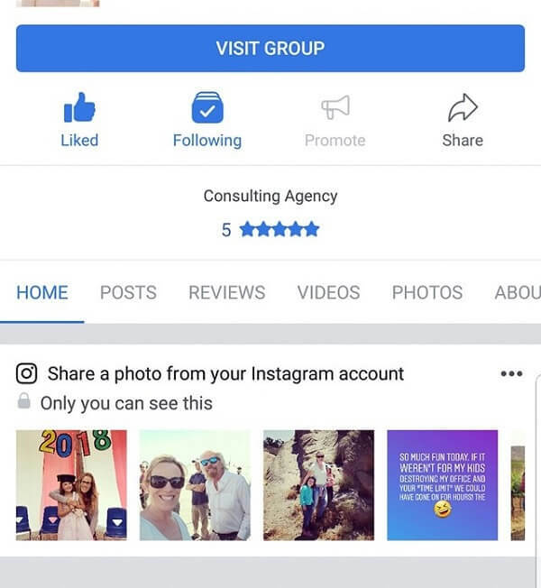 „Facebook“ mobilioji programa dabar siūlo „Instagram“ nuotraukas bendrinti puslapyje.