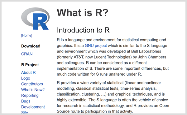 Sukurkite savo nuspėjamosios analizės įrankius naudodami R programavimo kalbą. „R“ įvado tinklalapio ekrano kopija. 