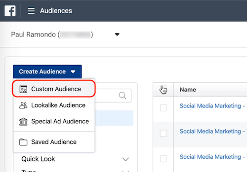 „Custom Audience“ parinktis „Facebook Audiences“