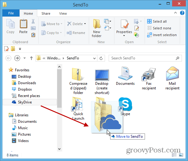 Pridėkite „SkyDrive“ prie „Windows“ dešiniuoju pelės mygtuku spustelėkite Siųsti į meniu