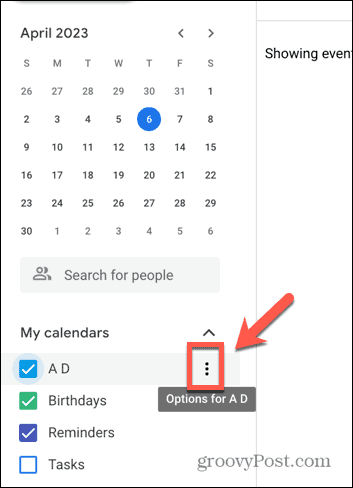 „Google“ kalendoriaus trijų taškų piktogramos ekrano kopija