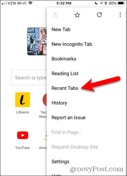Bakstelėkite Naujausi skirtukai „iOS“ skirtoje „Chrome“