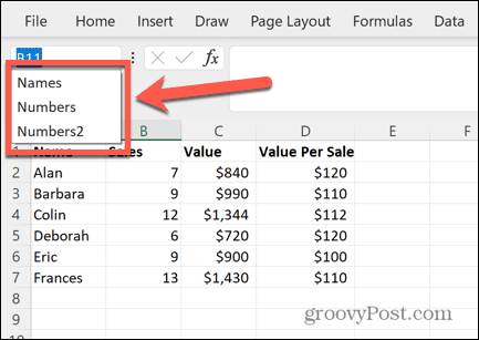 Excel pasirinkite pavadintą diapazoną