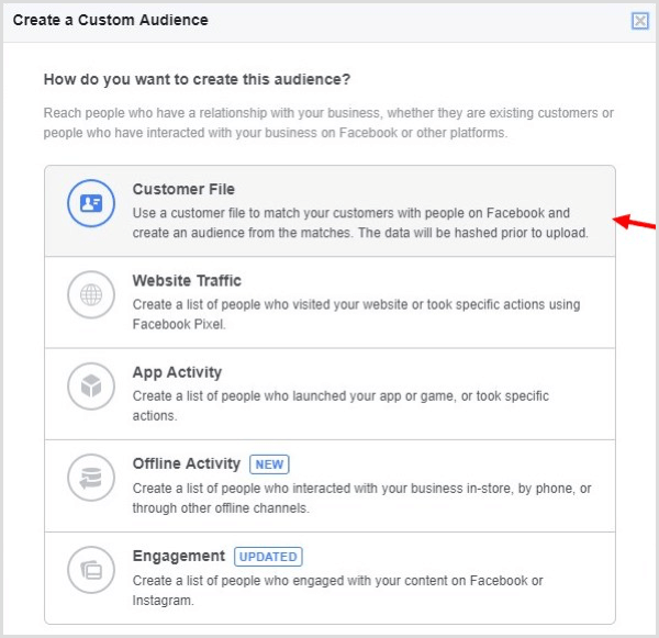 Sukurkite „Facebook“, kurkite pasirinktinę auditoriją pagal savo el. Pašto sąrašą.