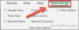 lentelės dizaino skirtukas Excel