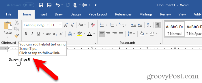 Žyma paslėpta ir nėra „Ctrl +“ Spustelėkite „Word“ ekrano patarime