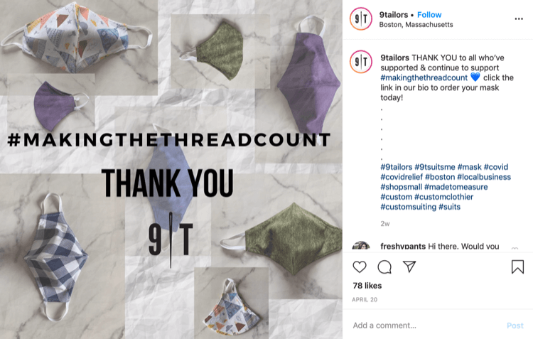 Siuvėjo „Instagram“ įrašas apie kaukių pardavimą