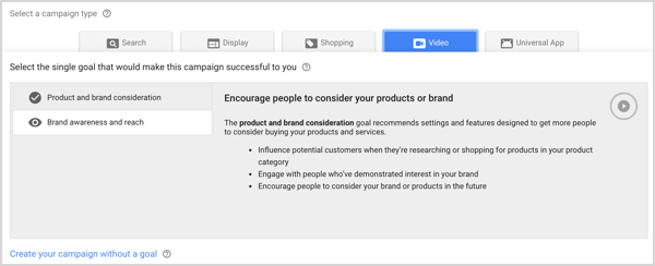 Prekės ženklo žinomumo ir pasiekiamumo kampanijos tipas sistemoje „Google AdWords“.